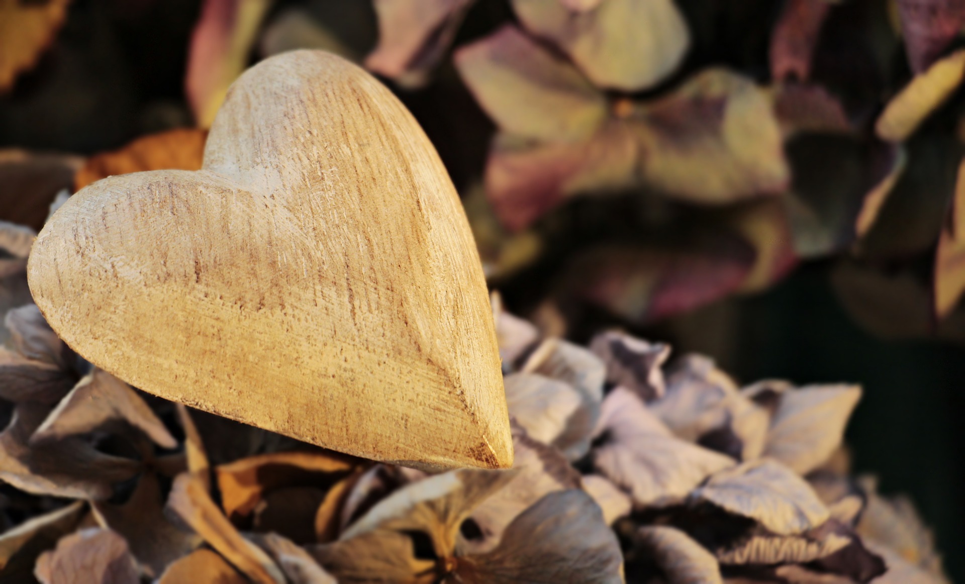 Wooden-heart-on scattered-leaves